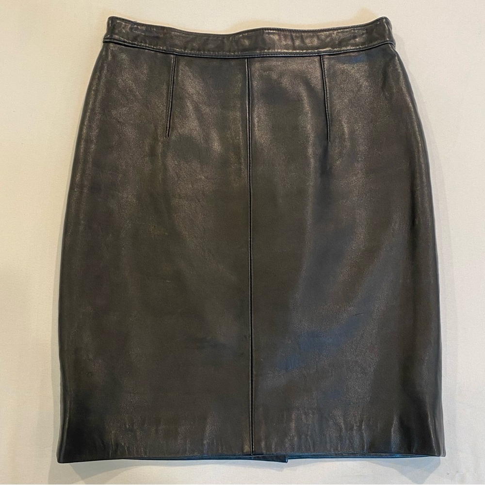 Vintage 90s Y2K Black Genuine Leather Mini Pencil Skirt, Size 6 Small, Gothic